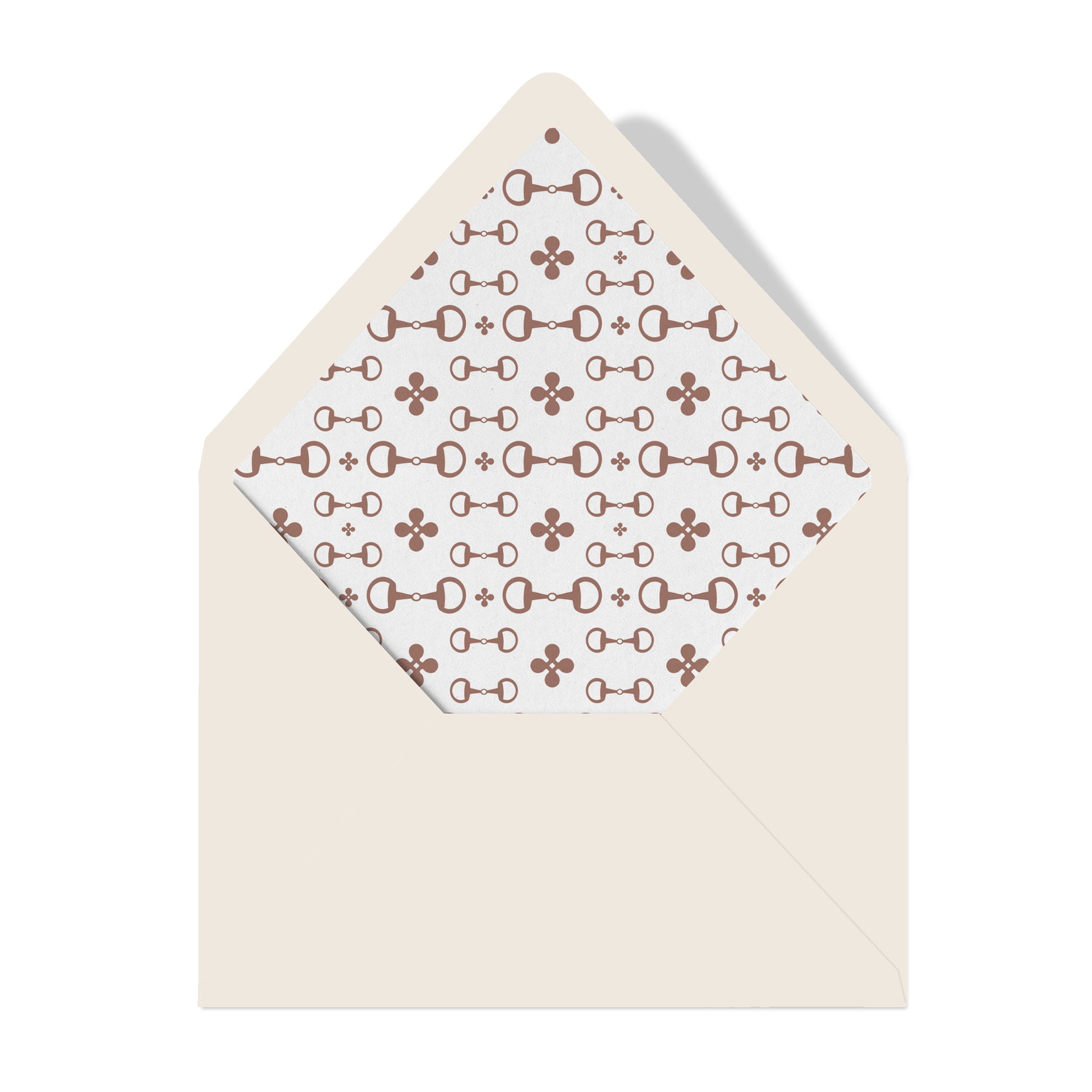 Beige envelope with a patterned interior on a white background