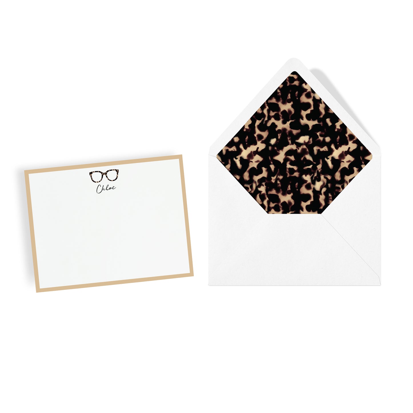 Signature Oversized eyewear in tortoiseshell print design motif personalized stationery with lined envelope
