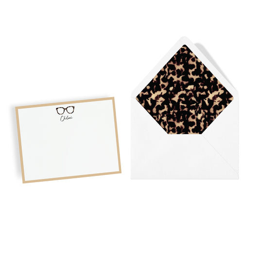 Signature Oversized eyewear in tortoiseshell print design motif personalized stationery with lined envelope