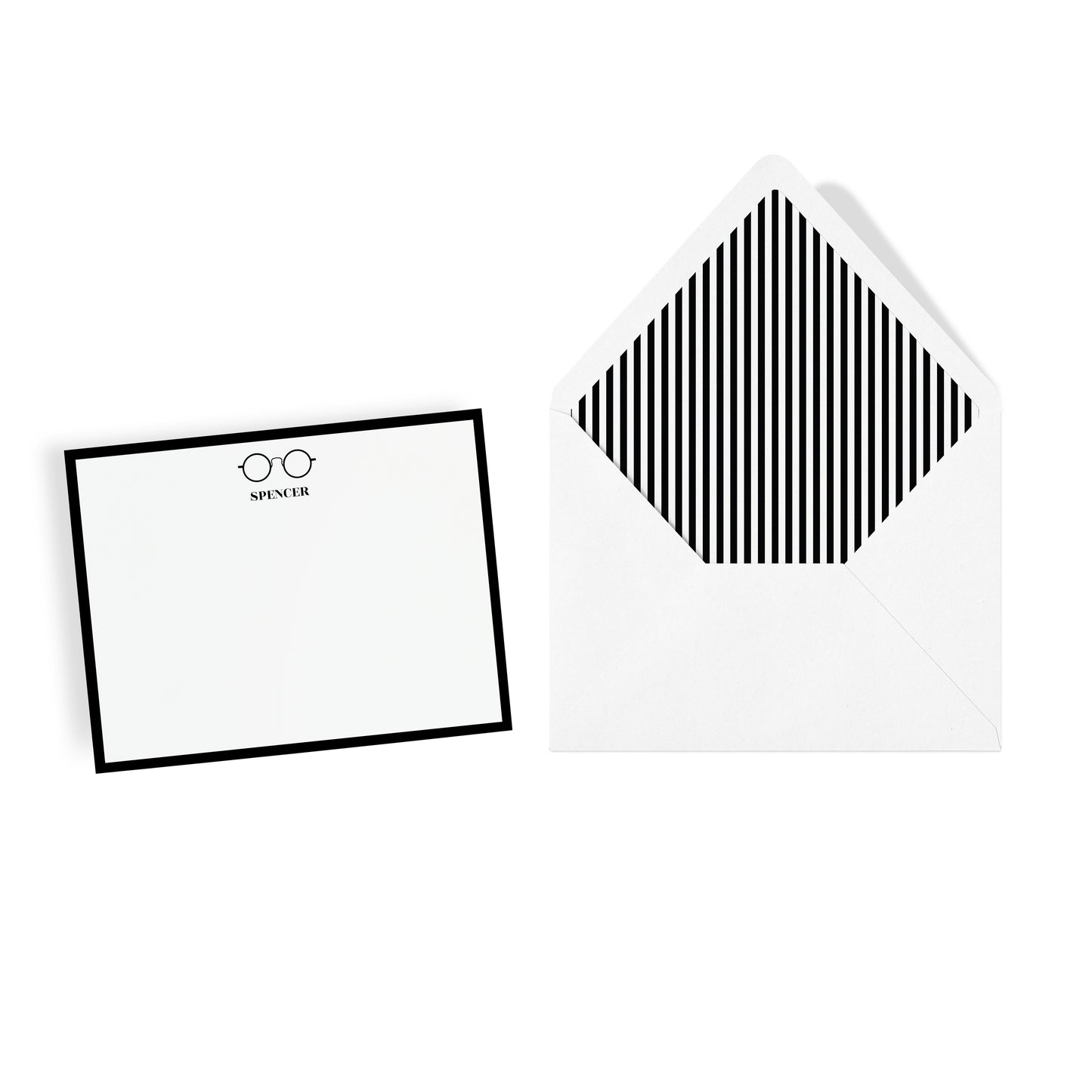 Custom monogram stationery with wire eyeglasses motif and and striped envelope on a white background