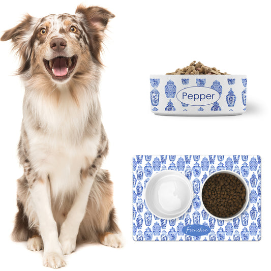 Personalized Pet Food Mat, Chinoiserie Ginger Jars, Blue & White