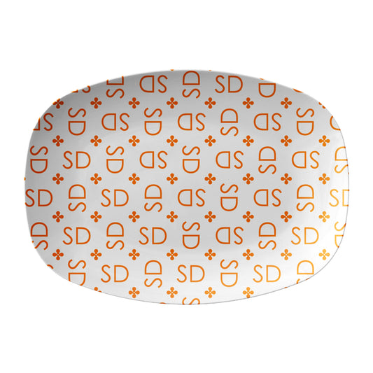 Stylized Monogram Serving Platter, White & Orange, Personalized Gift, Modern Luxury Plastic Tray