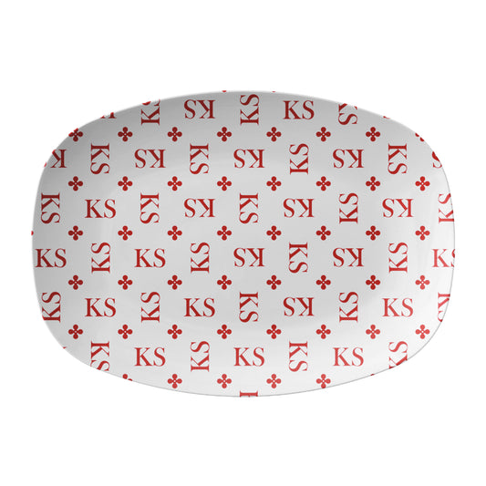 Stylized Monogrammed Serving Platter, Red & White Personalized Gift, Luxury Plastic