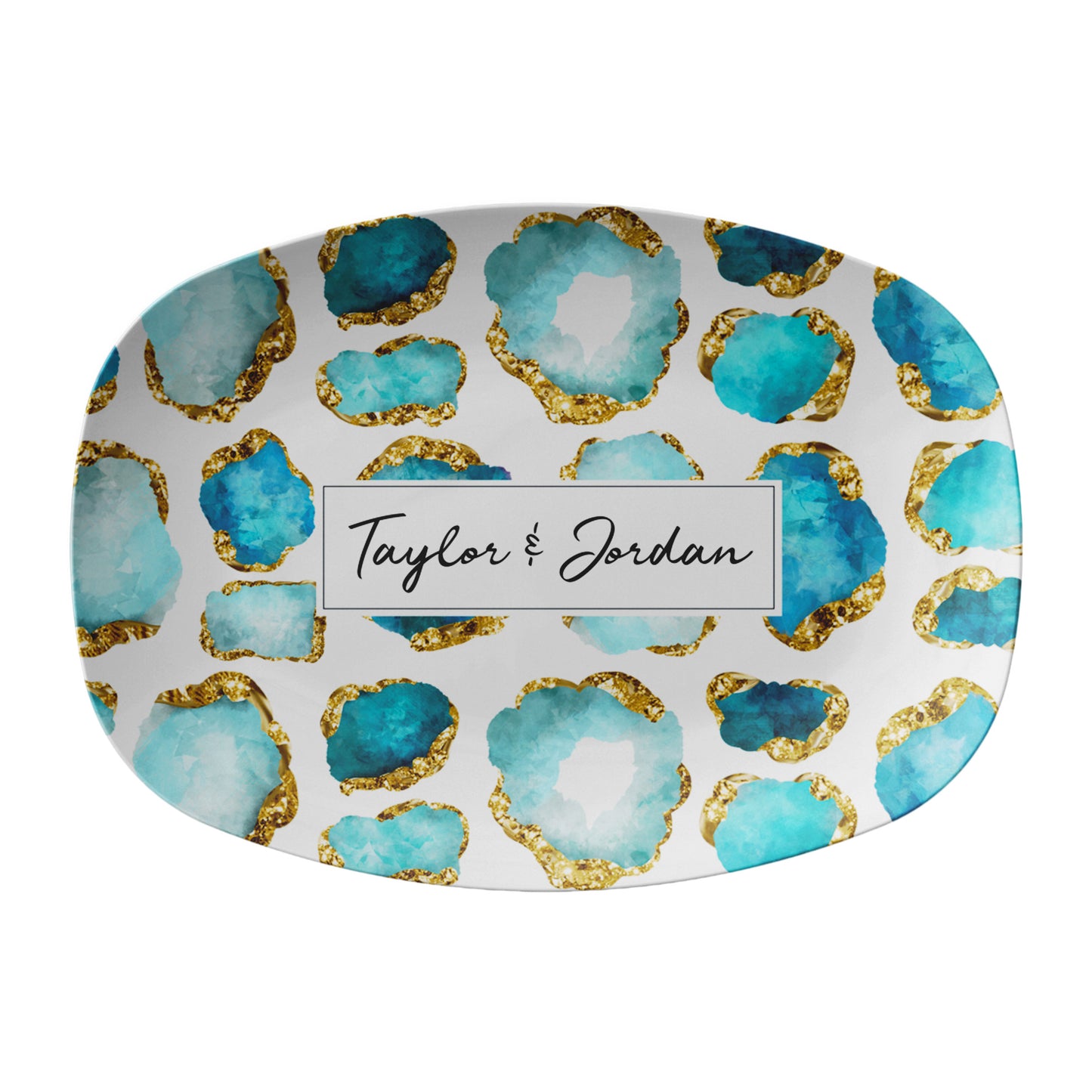 Personalized serving platter with aqua and gold jewel gemstones on white