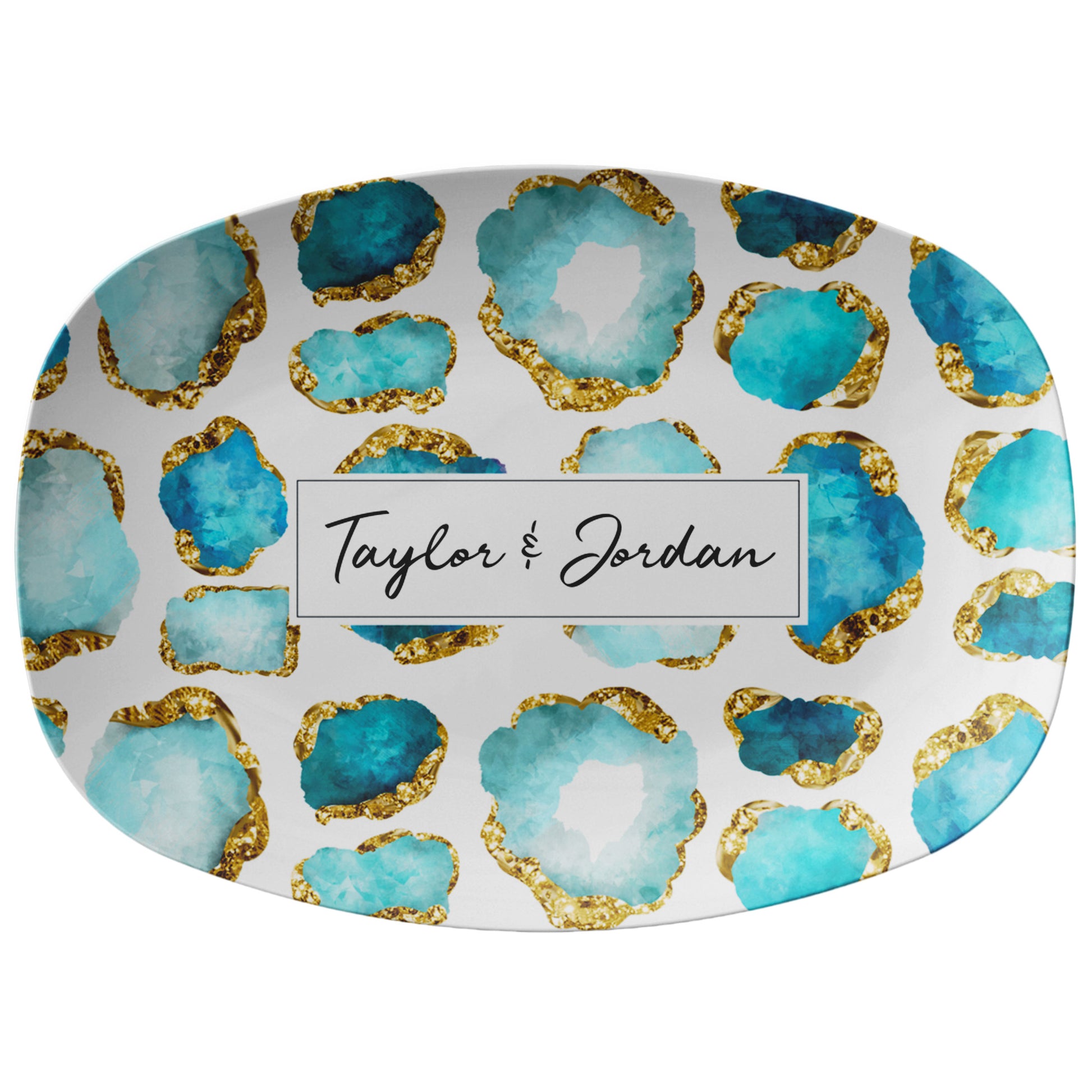 Personalized serving platter with aqua and gold jewel gemstones on white