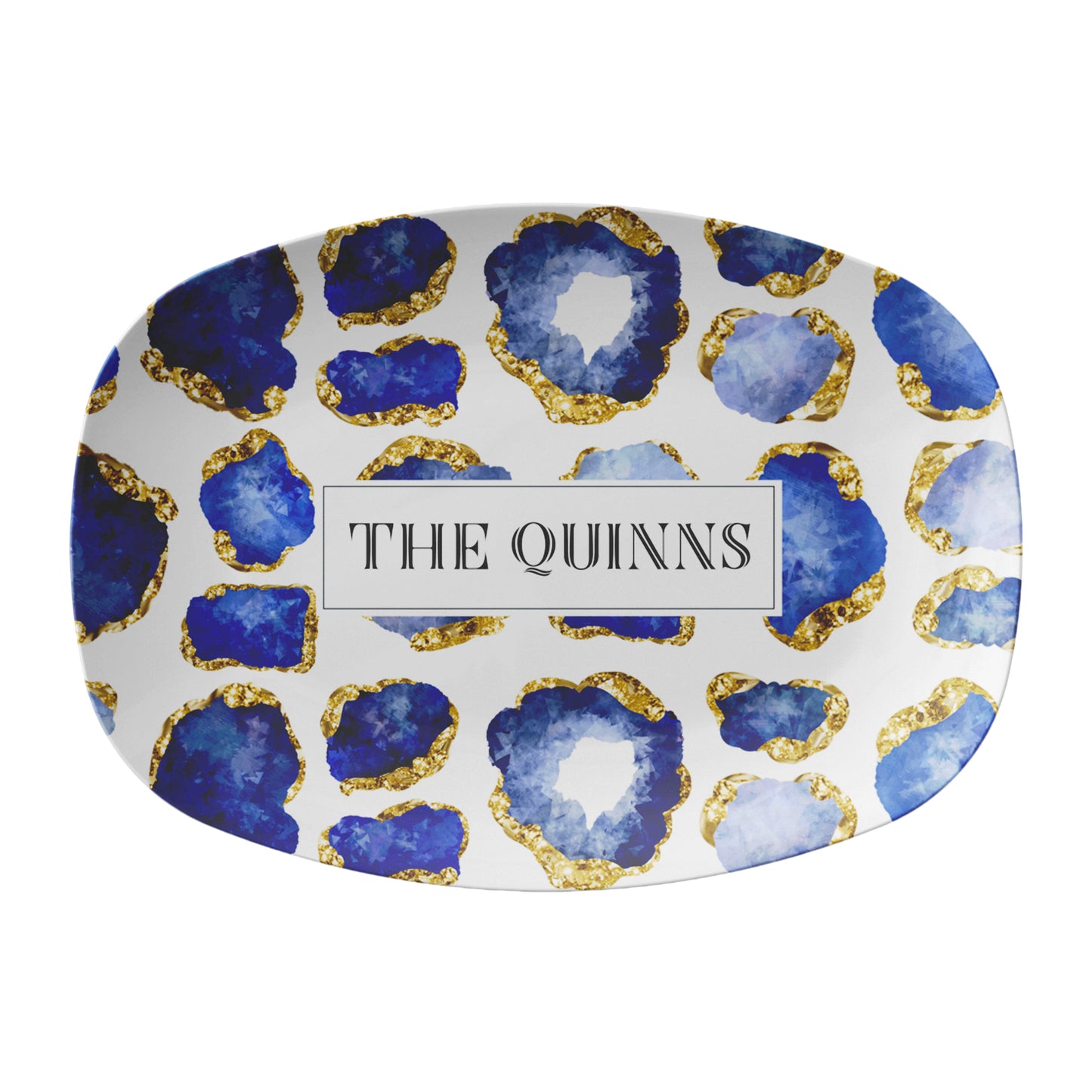 Gemstones print platter with custom name blue sapphire and gold jewels on white.