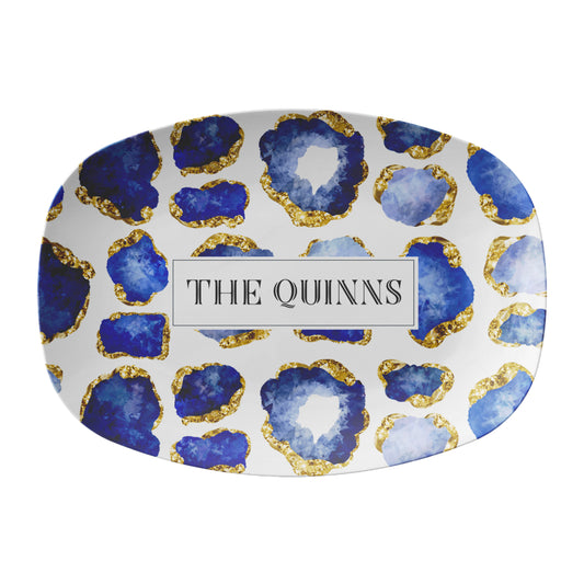 Gemstones print platter with custom name blue sapphire and gold jewels on white.