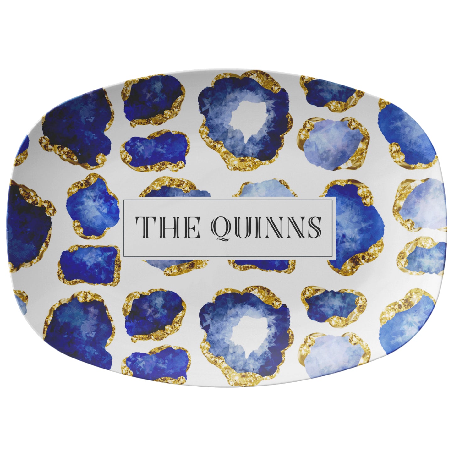 Gemstones print platter with custom name blue sapphire and gold jewels on white.