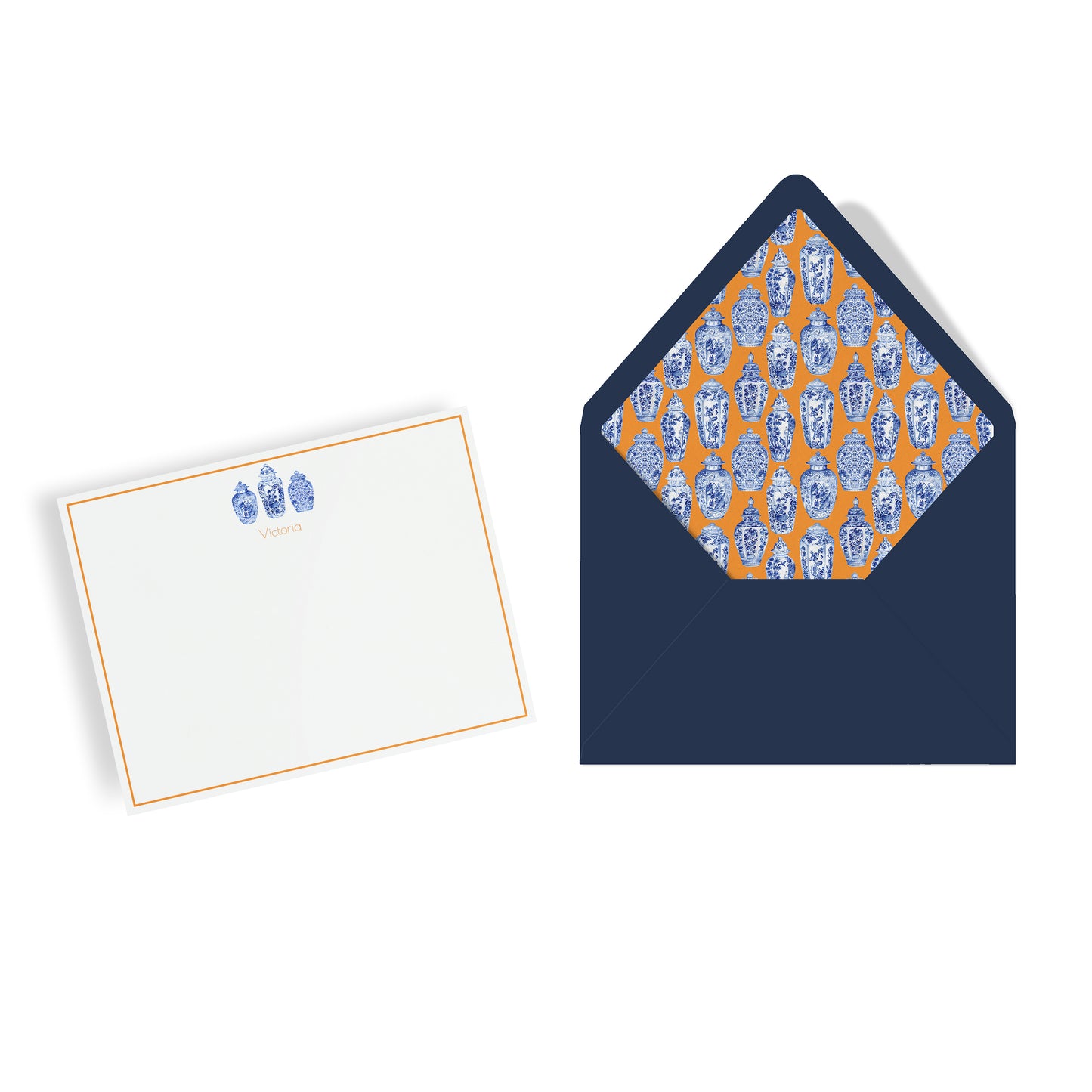 Personalized Chinoiserie Ginger Jars Notecards, Custom Stationery Set, Orange