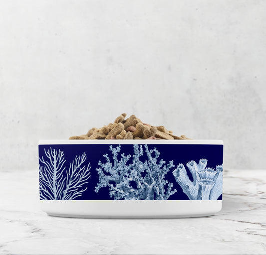 Ceramic Dog or Cat Food Bowls with nautical sea coral print in navy blue and light blue