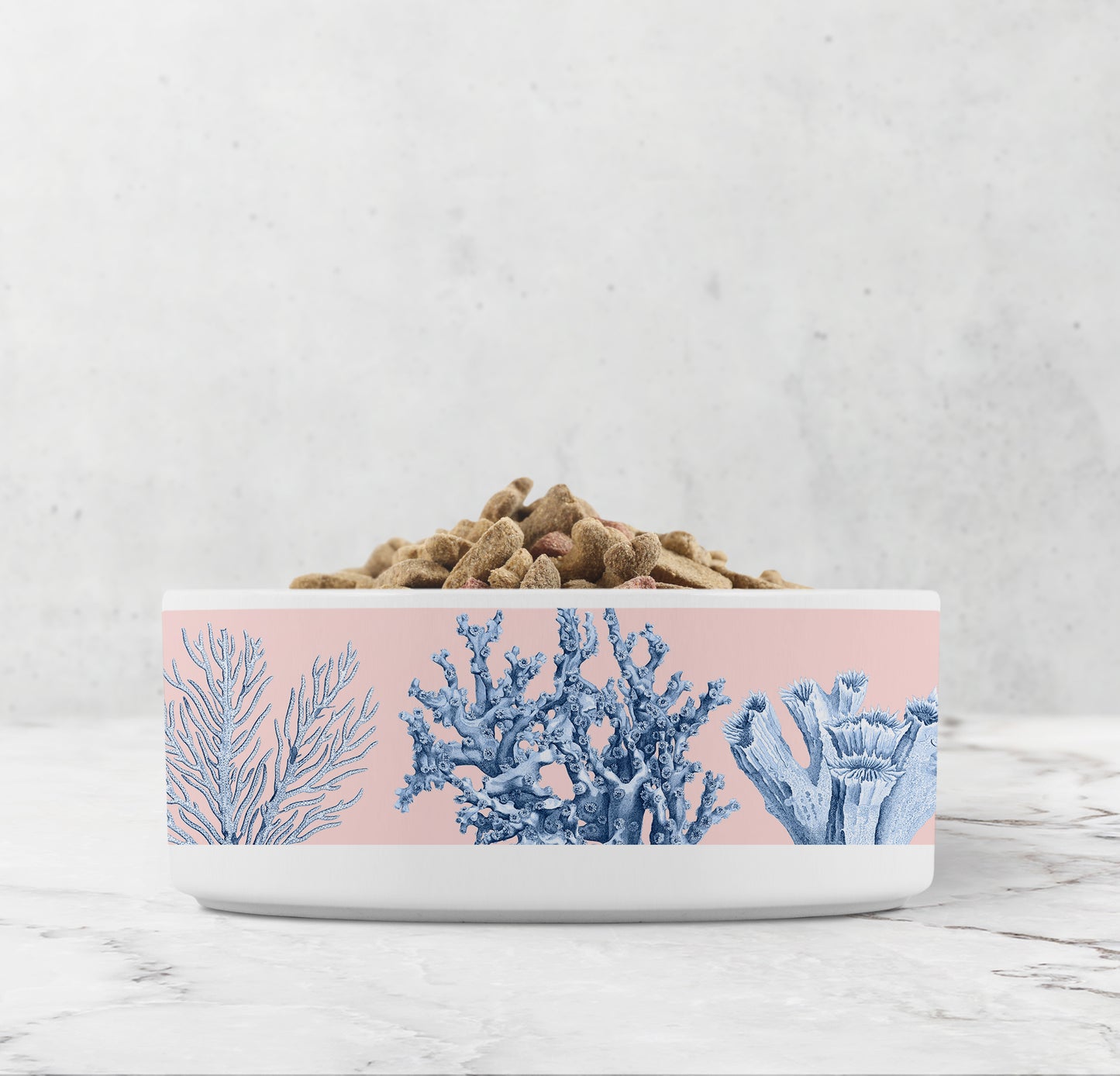 Heavy high gloss ceramic dog bowl with sea coral nautical print in pink and blue