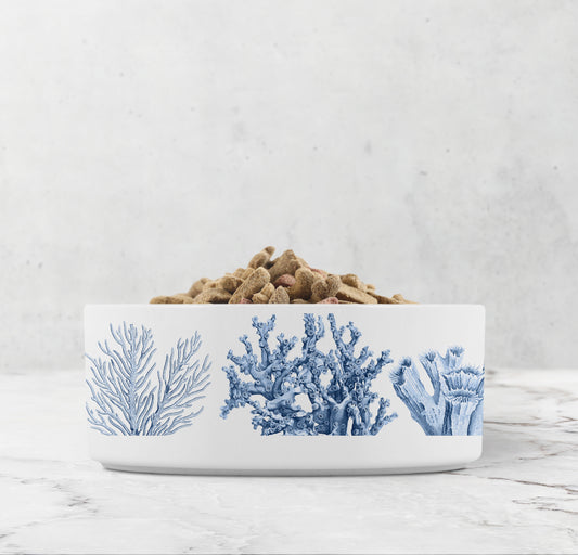 Large Ceramic Dog Bowl with Nautical Sea Coral Print in Blue & White