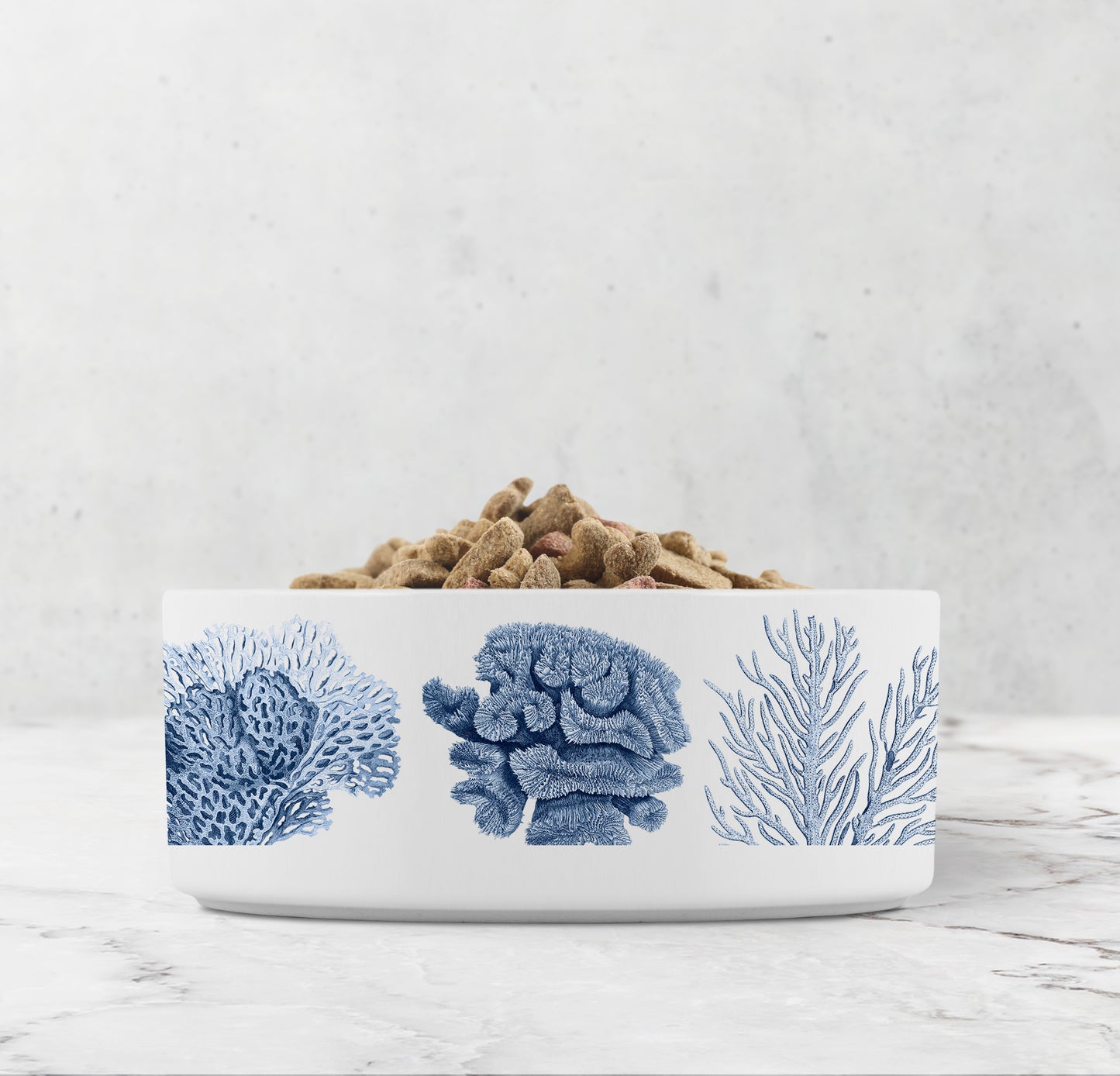 Ocean Coral Pet Bowl, Ceramic, White & Blue