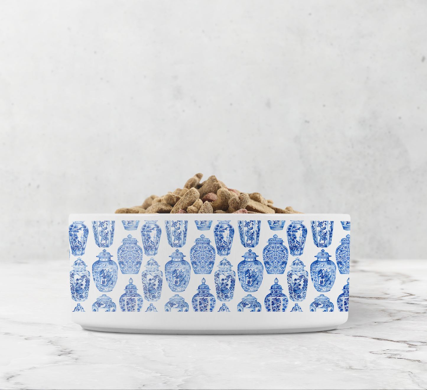 Chinoiserie print ceramic dog bowl in blue and white with ginger jars print