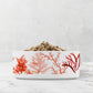 Heavy white ceramic dog or cat food and water bowl with nautical sea coral print in pinks and reds