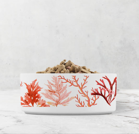 Heavy white ceramic dog or cat food and water bowl with nautical sea coral print in pinks and reds