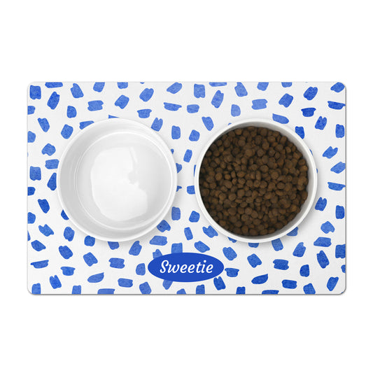 Blue & White Pet Food Mat Personalized, Custom Name