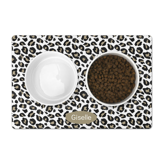 Personalized pet food mat with leopard print.