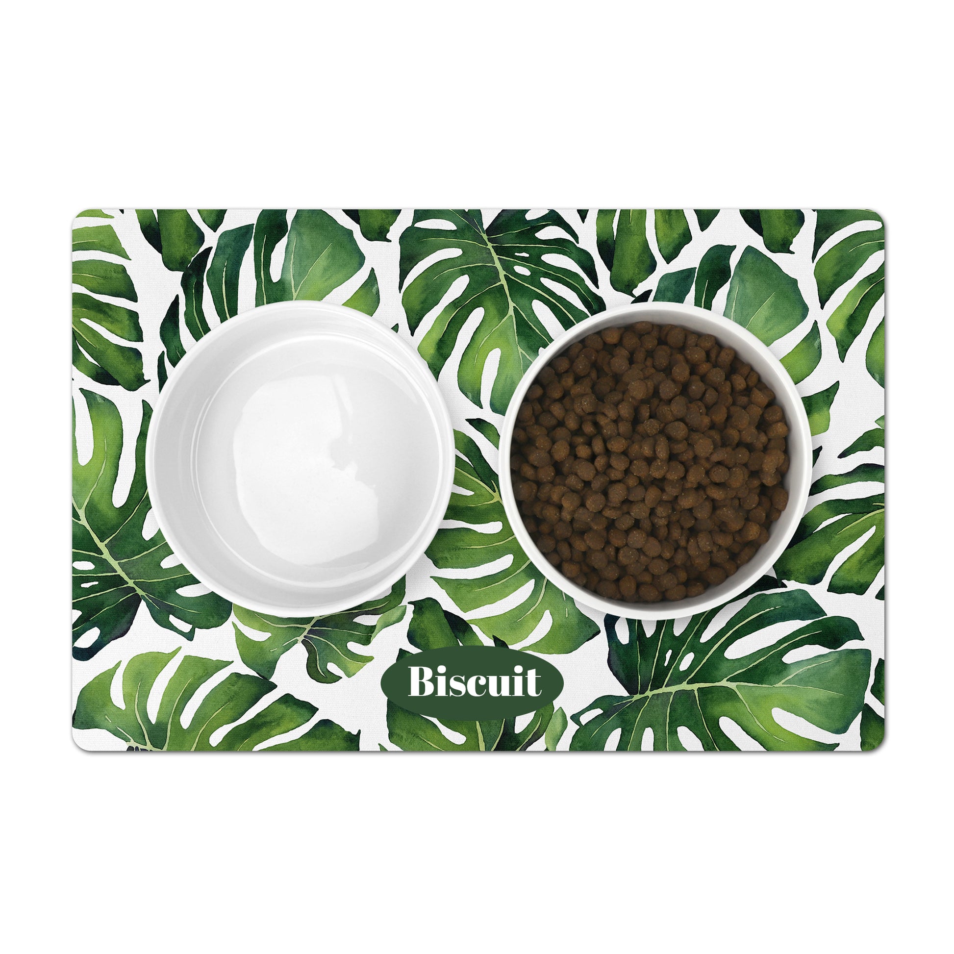 Personalized Pet Food Mat Monstera Leaves Print Green & White
