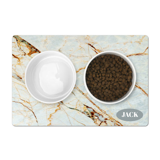 Personalized pet food mat with modern marble slab countertop print.