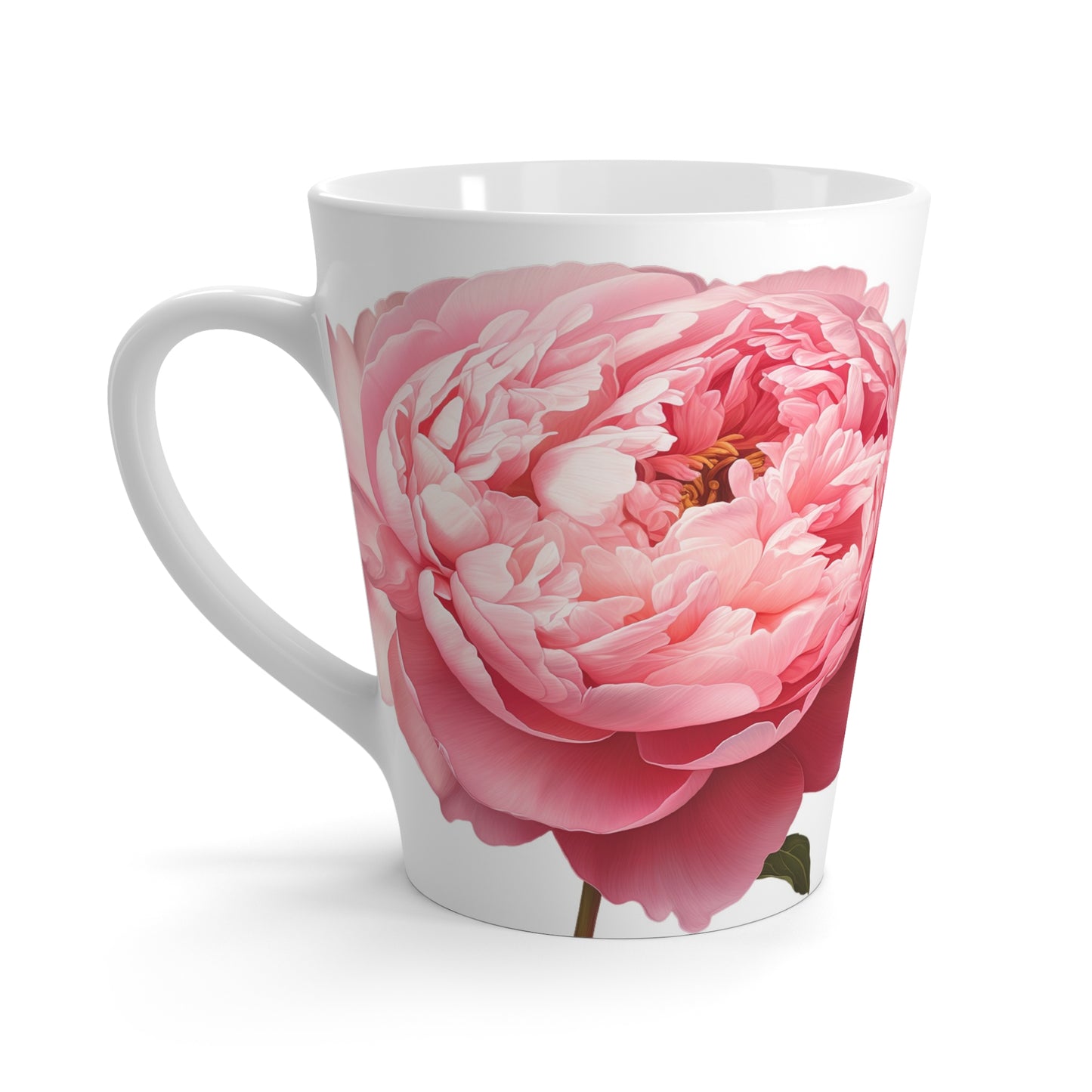 White ceramic mug with a pink peony floral design on a white background