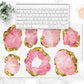Gorgeous pink and gold gemstone pattern is printed on this  pretty desk pad. Also may be used as a counter or bar mat. Reverses to nonskid rubber back.