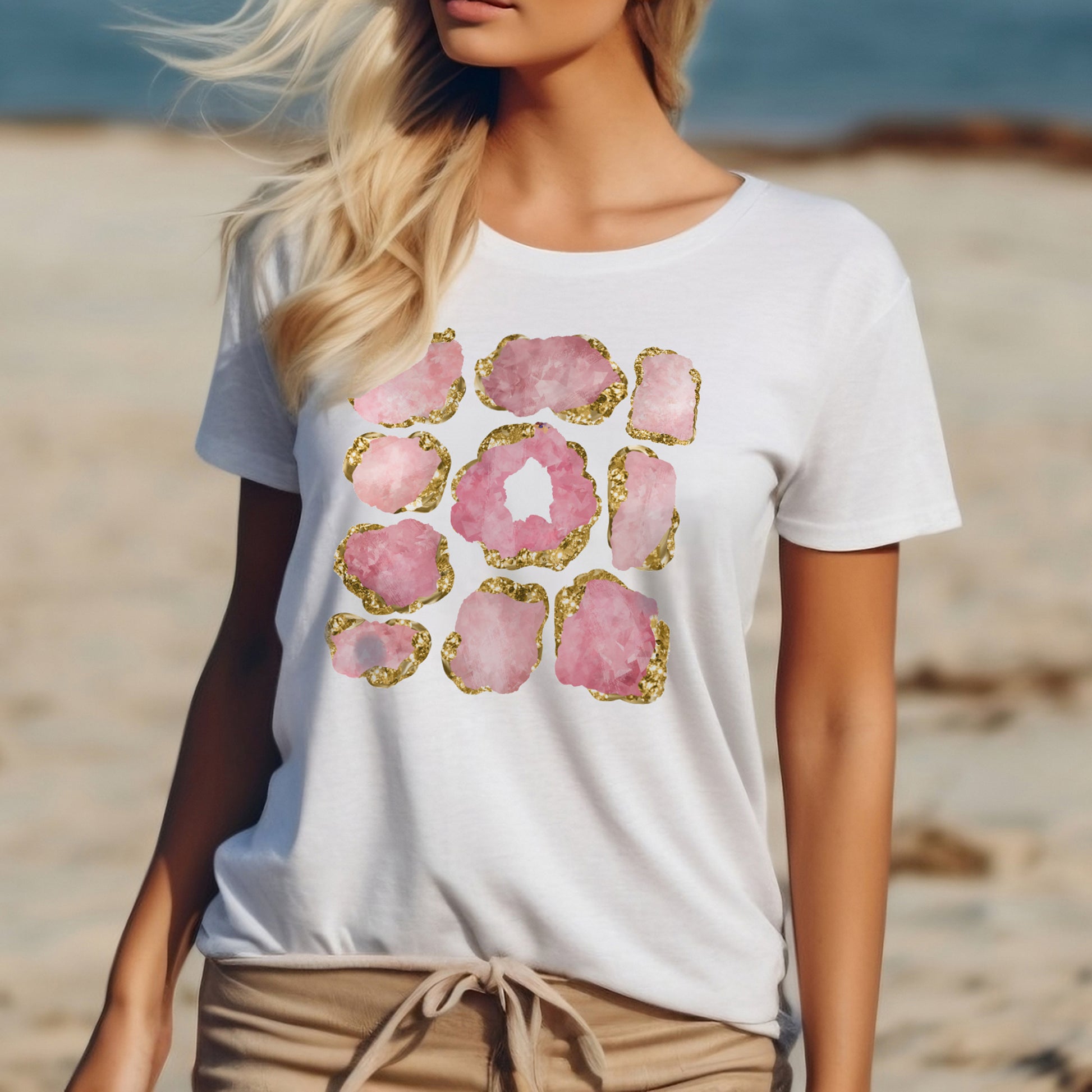 Rose quartz birthstone print shirt for women. Rose quartz gems with gold accents