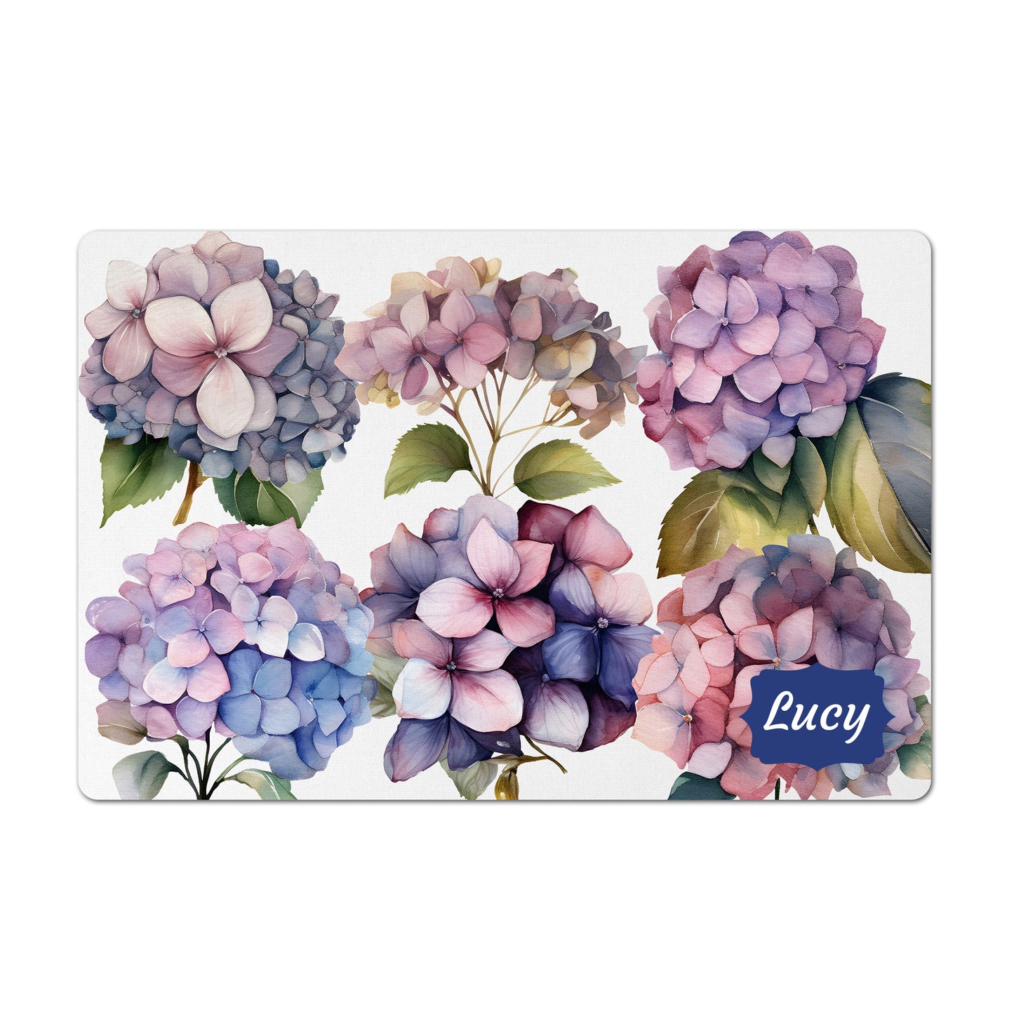 Personalized Pet Bowl Mat, Pink Hydrangea Flowers