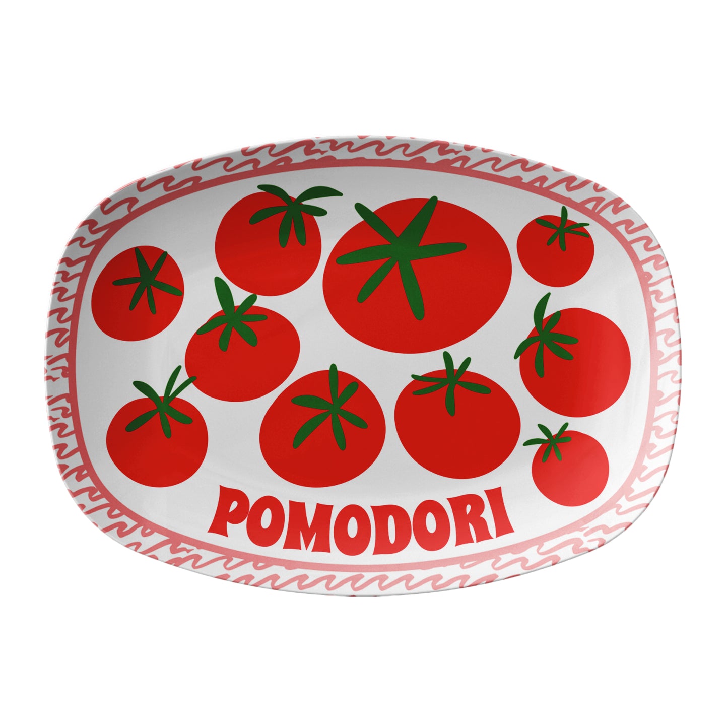 Decorative serving platter with red tomatoes and 'Pomodori' text on a white background