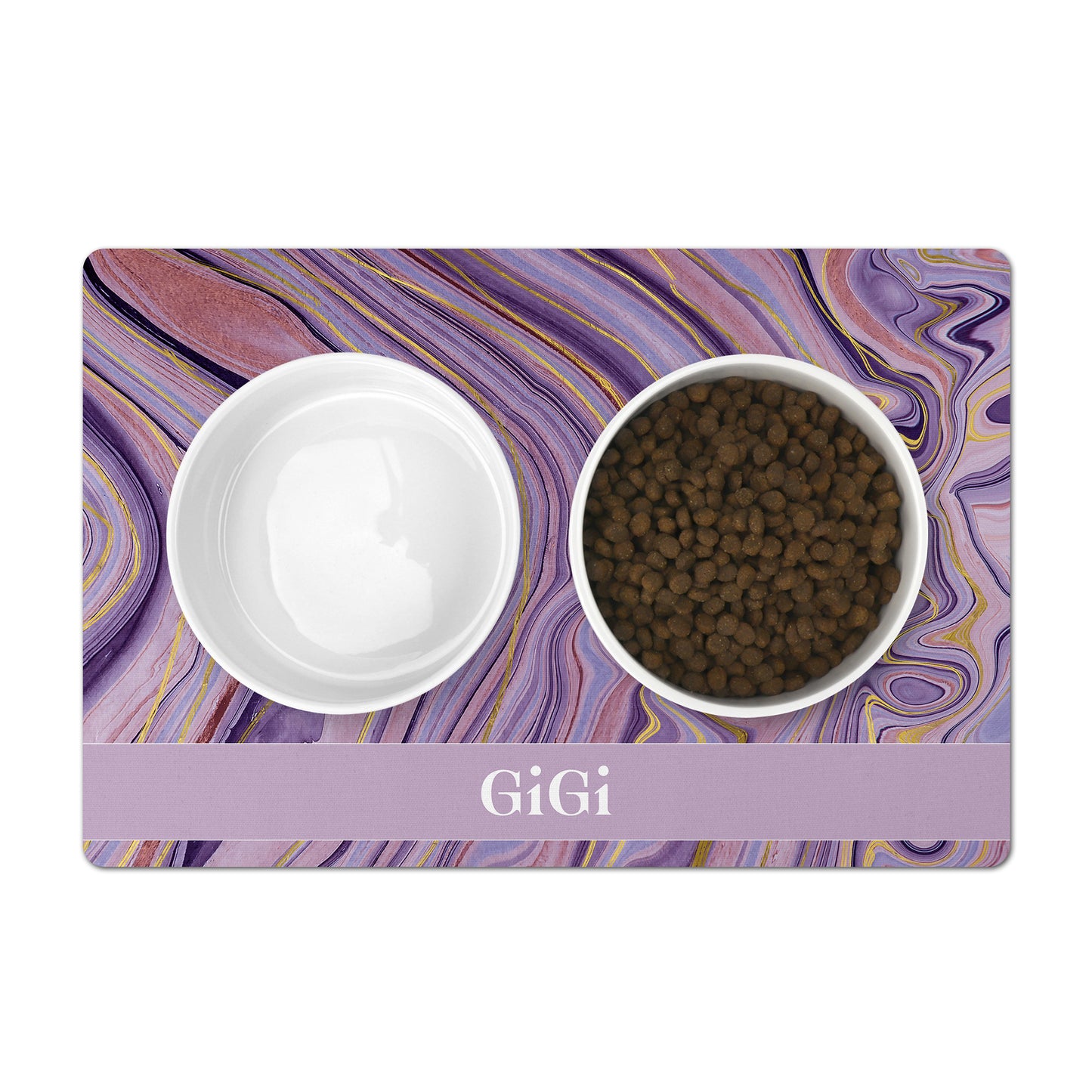 Personalized Pet Food Mat, Purple & Gold Agate Marble Print, 12" x 18"