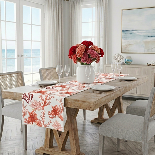 Dining room with a wooden table set for four, featuring a red and pink coral-themed table runner and floral centerpiece.