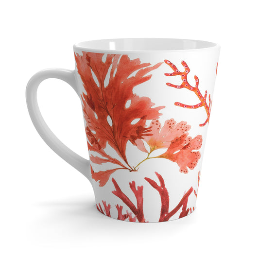 White ceramic coffee mug with nautical red coral reef pattern on white background
