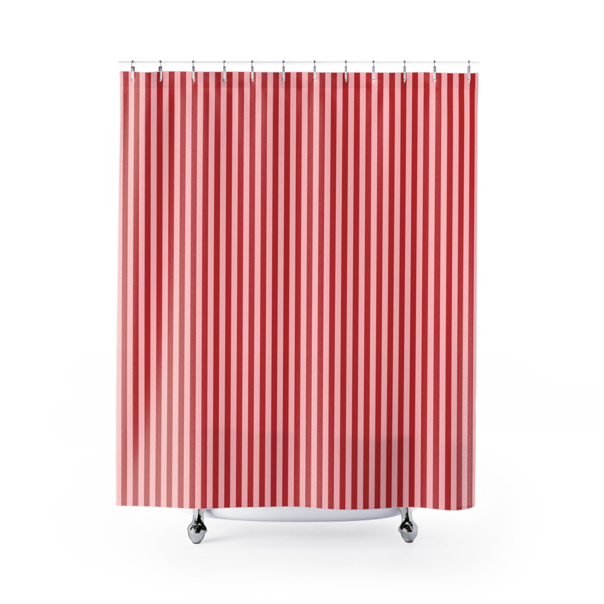 Red and pink striped shower curtain