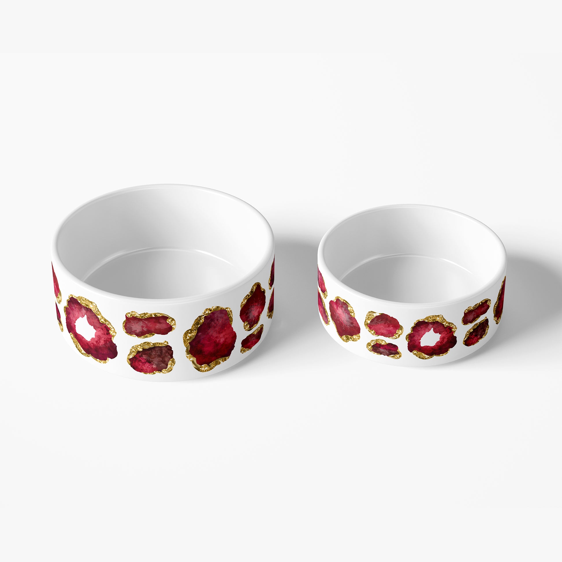 large and mall white ceramic pet dishes with ruby red and gold gemstone print