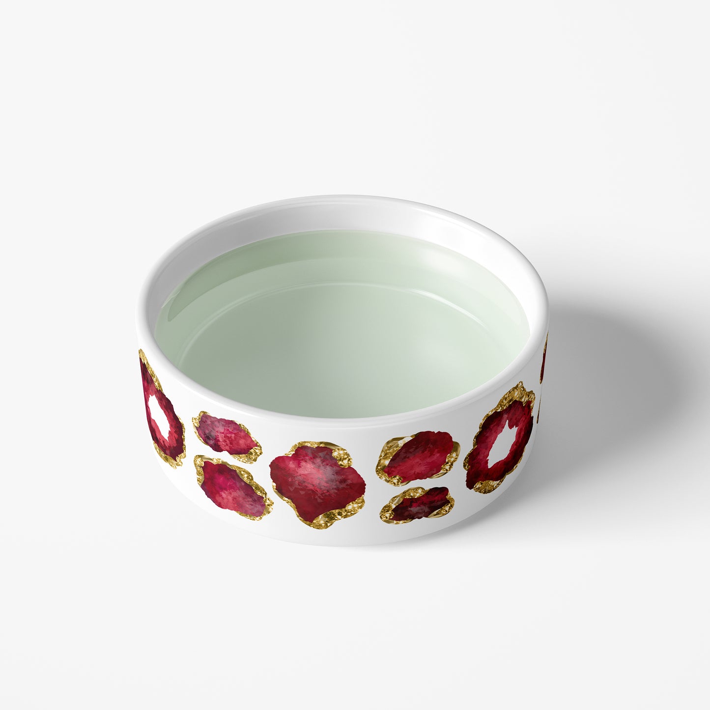 white ceramic pet water bowl with ruby red and gold jewel print