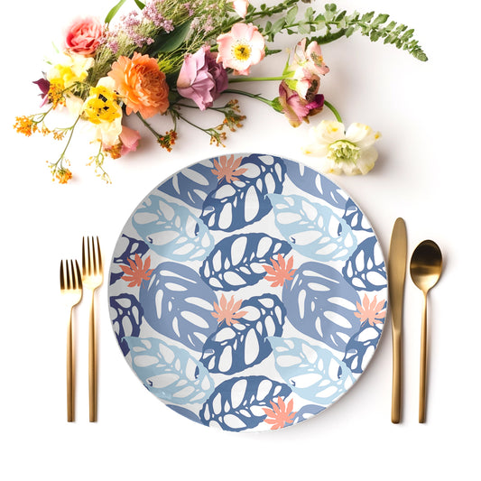 Blue & White Botanical Leaf Print Plate Set of 4