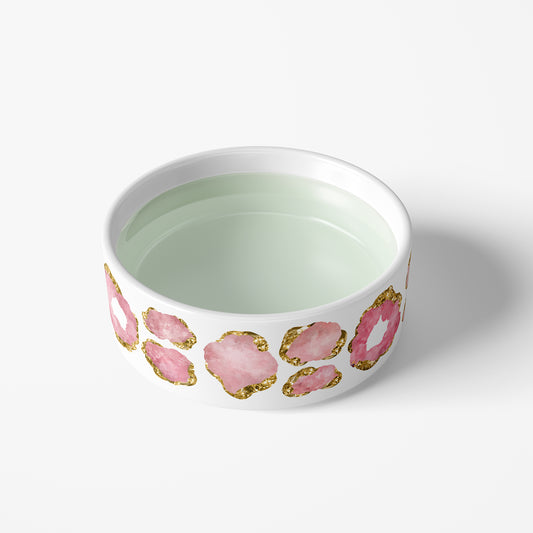 Pink and white ceramic pet water bowl with rose quartz and gold gemstone print