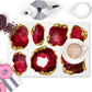 Jeweled pattern counter top mat in ruby red and gold is pretty and unique. May also be used as a desk mat or bar mat.