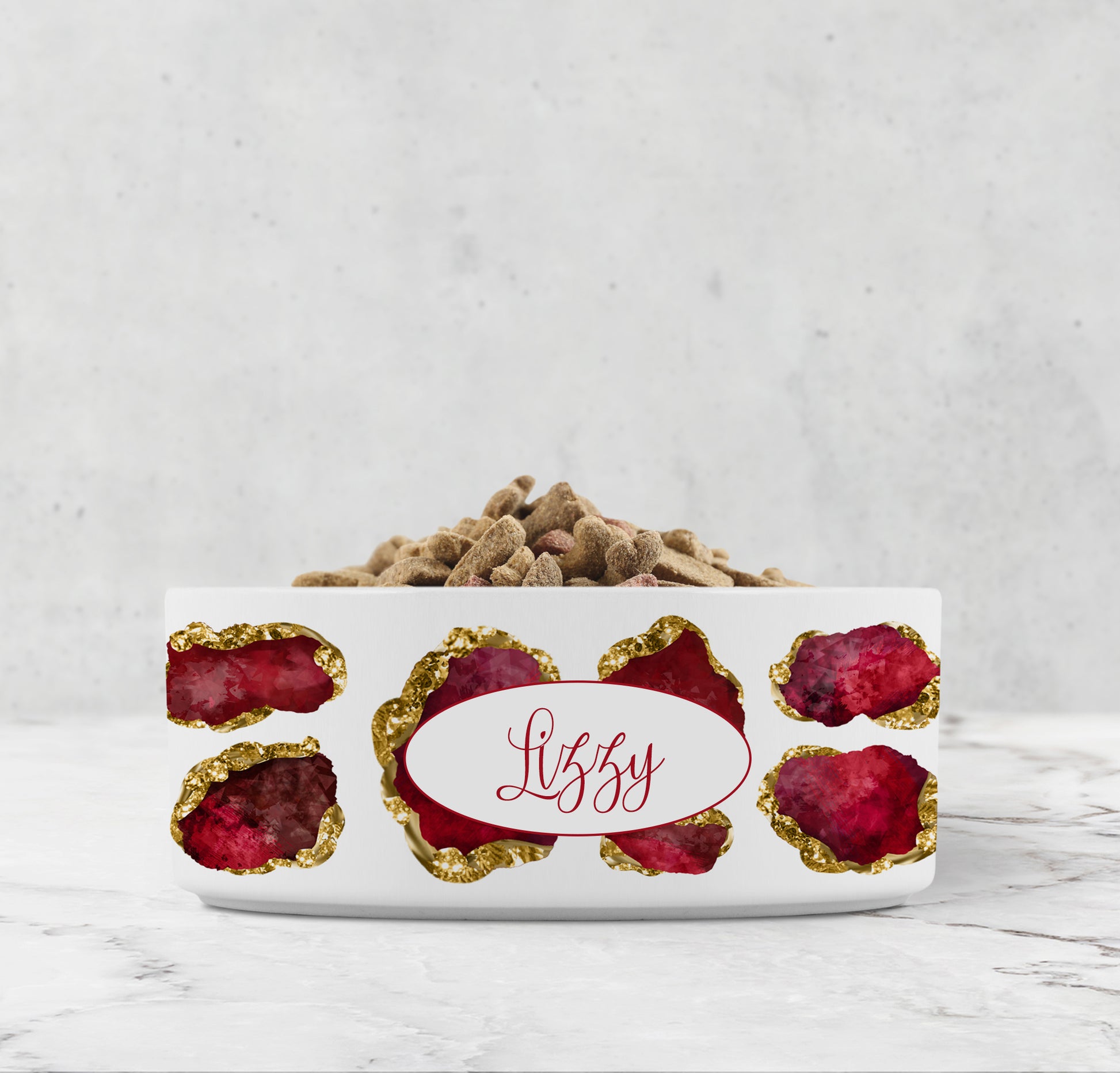 Ruby Red and Gold jewels are printed on heavy spill proof white ceramic pet bowl. Personalize with any name or word.