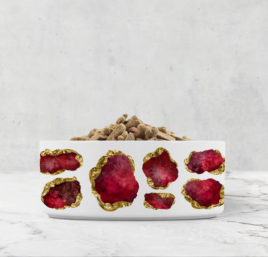 Jewel Encrusted Ceramic Pet Bowl, Ruby Red and Gold