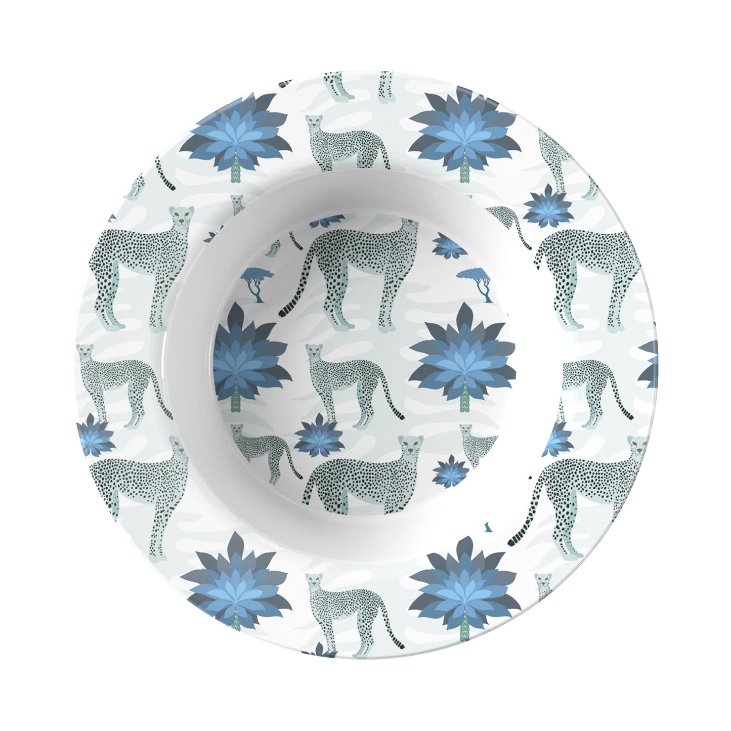 Safari Cheetahs & Palm Trees Soup Salad Bowl, Rimmed, Blue & White