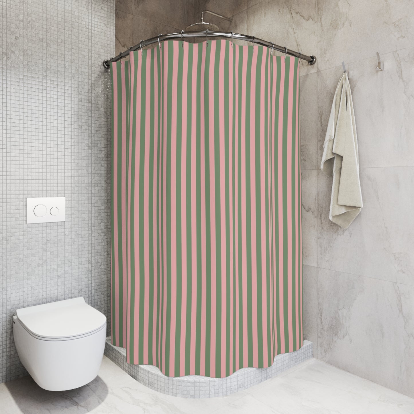Colorful Canopy Stripe Shower Curtain, Pink and Sage Green