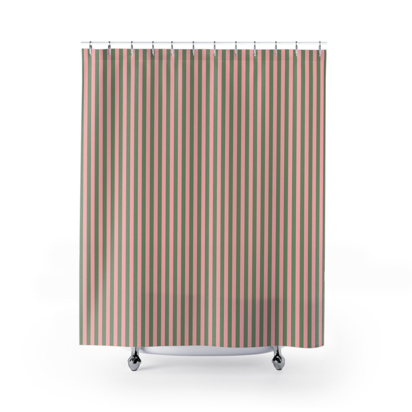 Striped shower curtain with pink and green vertical stripes 