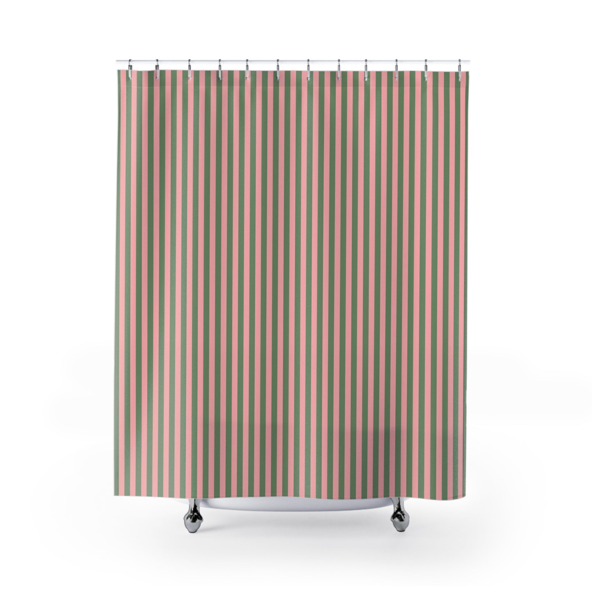 Striped shower curtain with pink and green vertical stripes 