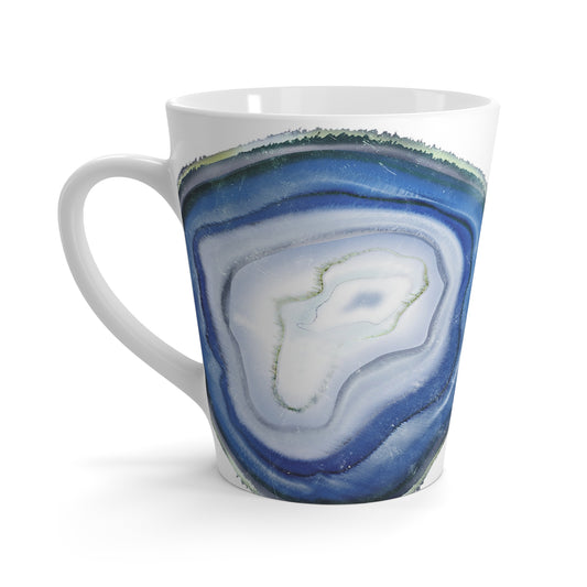 White Ceramic Coffee Mug with dark blue agate design on a white background