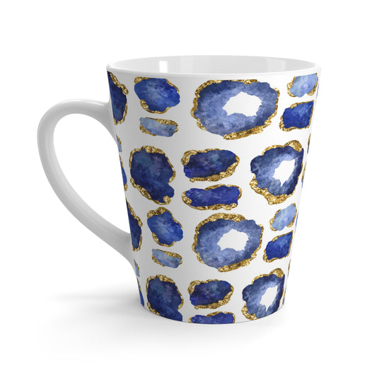 Dark Blue, gold and white ceramic coffee mug with sapphire gemstone jewel print