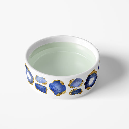 Blue and white ceramic pet water bowl with navy blue jewel and gold print