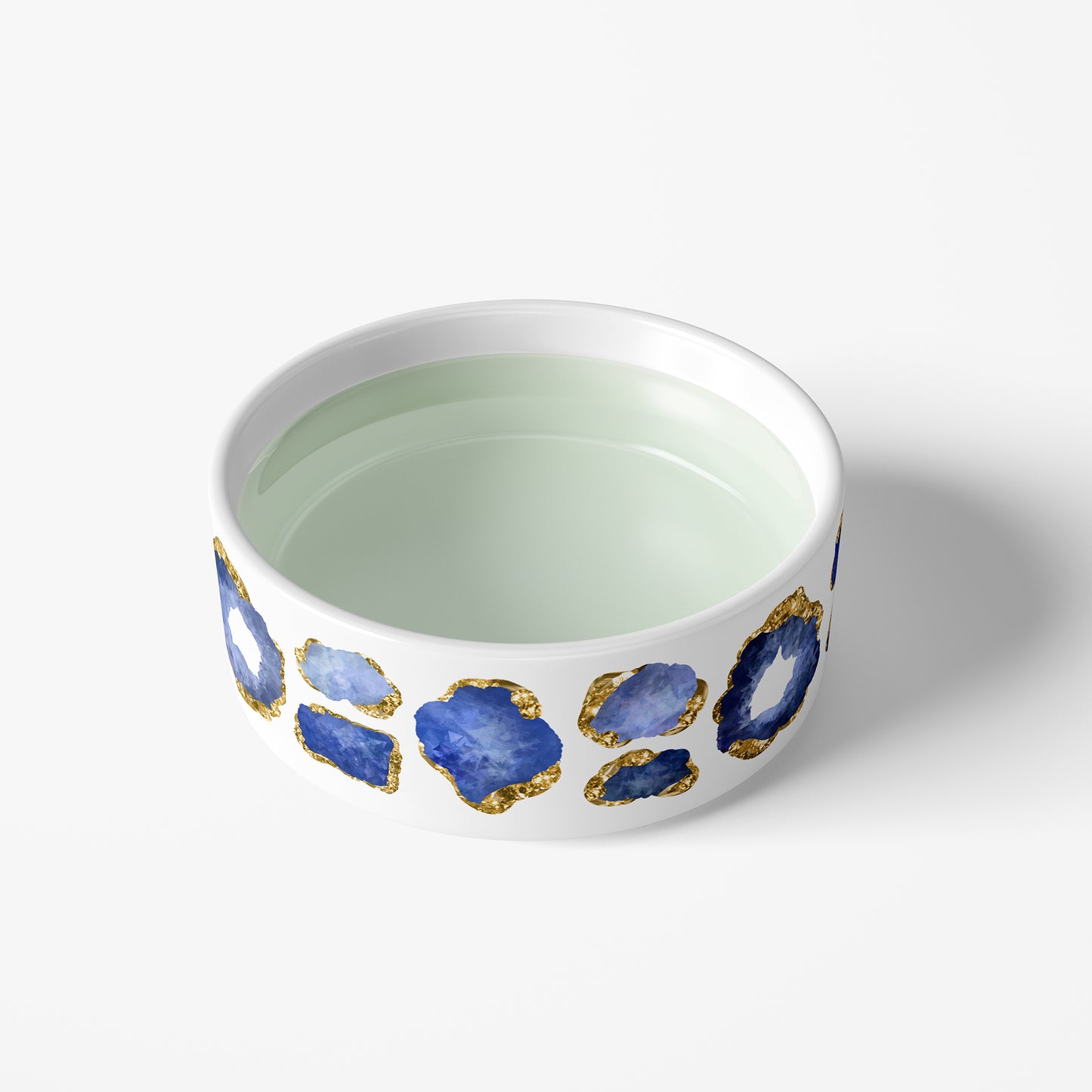 white and blue ceramic water bowl for dog or cat with blue sapphire gem print