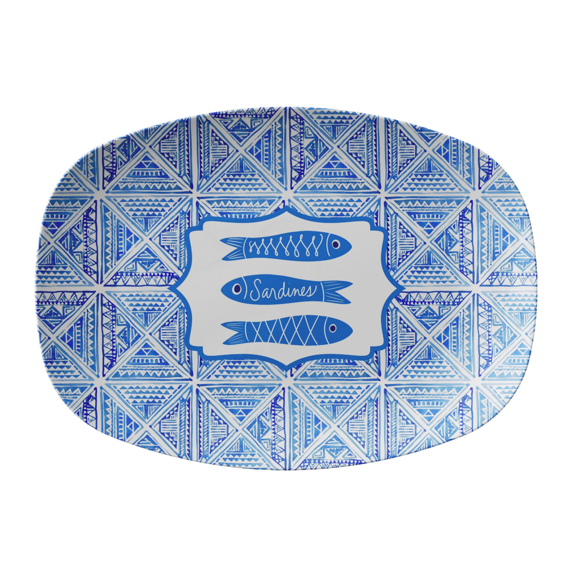 Blue and white tile patterned platter with fish design and 'Sardines' text on a white background
