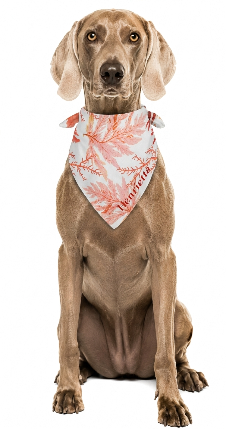 Dog wearing a personalized bandana with a sea coral pattern on a white background